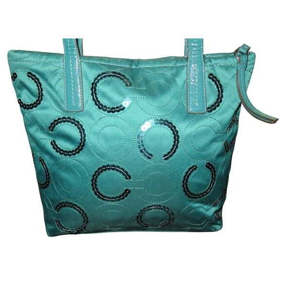 Coach 2013 Signature C Sequin Canvas Embellished Tote Bag in Jade Teal Green - Picture 2 of 12